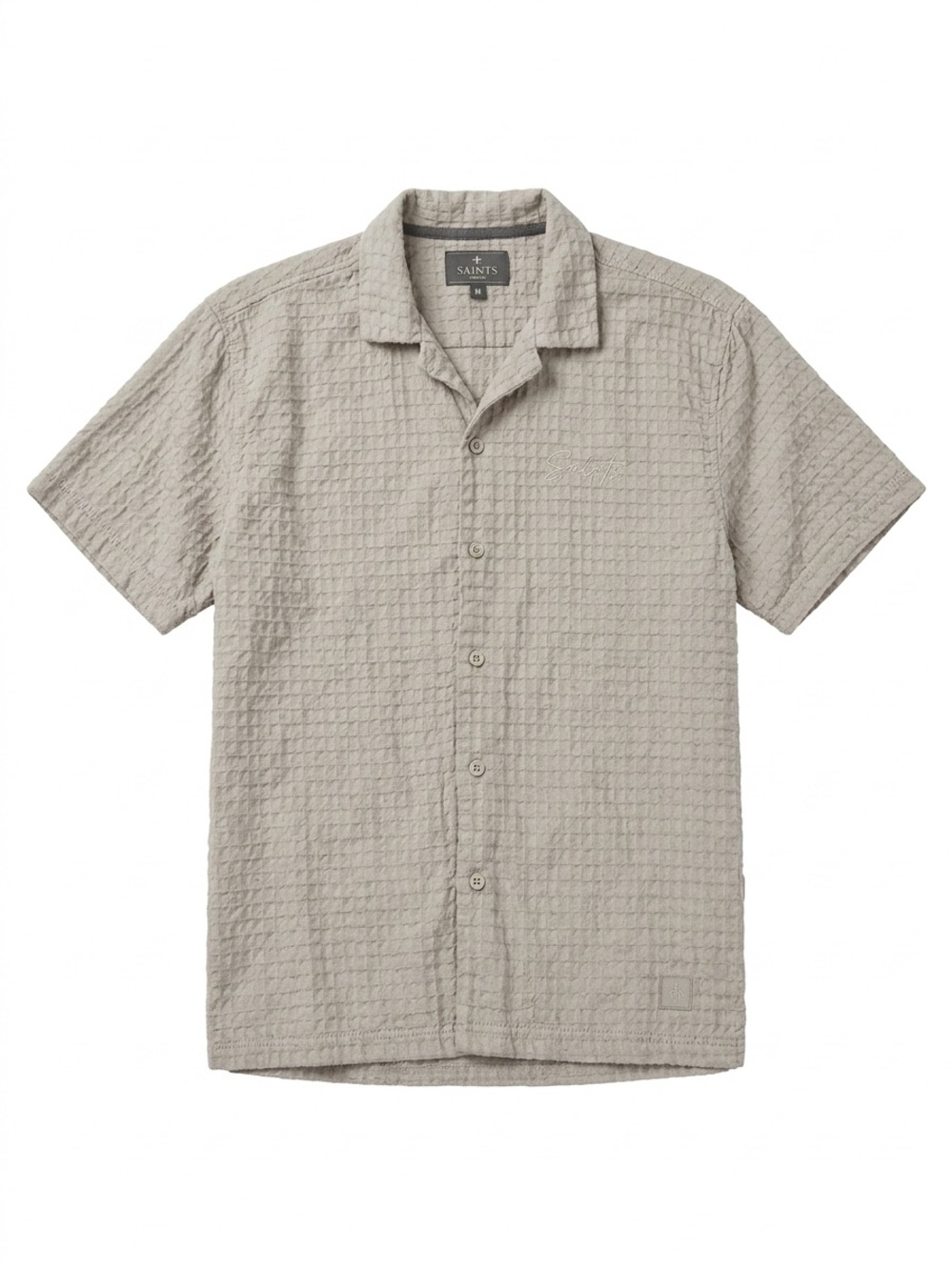 Saints‎ Studio Mens M Waffle Knit Short Sleeve Button Up Shirt Beige Casual Top